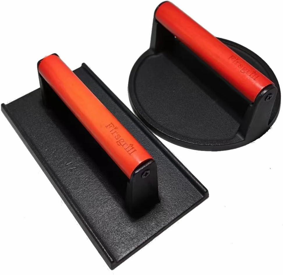 Firsgrill Burger Press 6.6" Round Heavy-Duty Cast Iron Smash Meat Steak with Wood Handle for Blackstone Weber Treager Griddle Grills (YPX) (Flate 6.5" Round & 4.3X8.3 Rectangle)