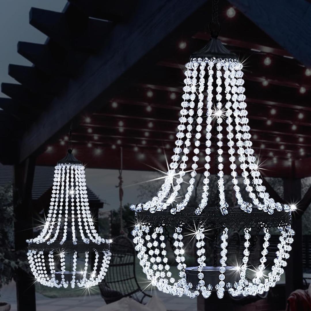 Hanging Solar Chandelier Outdoor, 30 Cool White Lights Acrylic Clear Beaded Chandelier with S Hooks Modern Lantern for Garden Yard Patio Gazebo Decorations, 28H