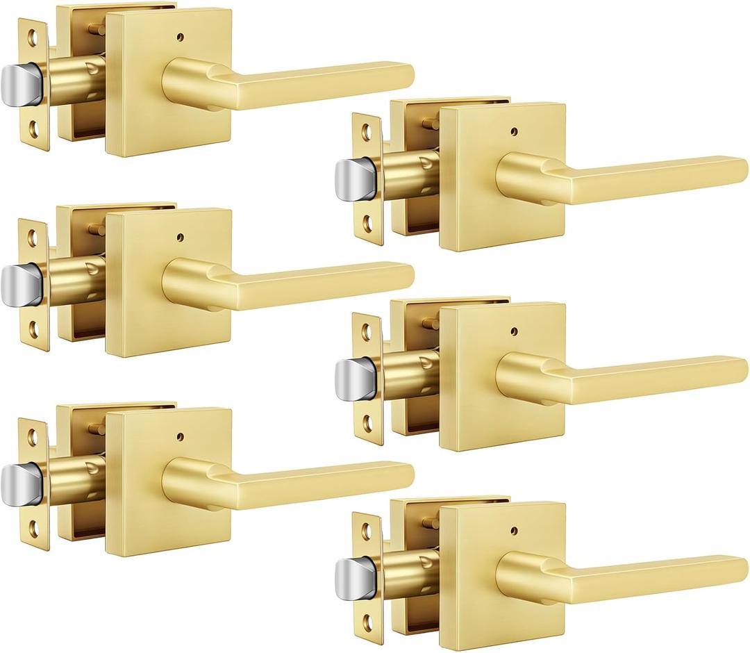 Goldenwarm Gold Door Handles Interior Privacy, Brushed Gold Door Handles, Square Door Levers Interior for Bathroom Bedroom (6 Pack)