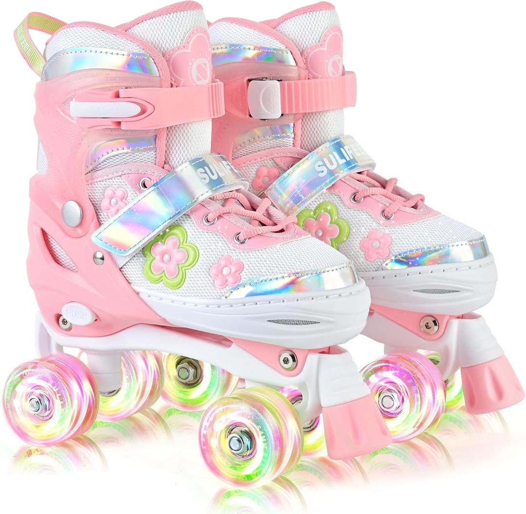 SULIFEEL Roller Skates for Girls Ages 3-12, 4 Sizes Adjustable Kids Quad Skates with Light up Wheels-Birthday Gift for Indoor Outdoor Sports (Small - Little Kid, Green)