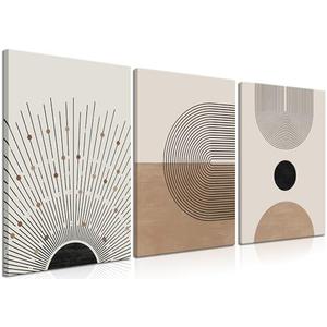 Framed Mid Century Modern Canvas Wall Art Set of 3 Neutral Boho Art Poster Abstract Geometric Prints Picture, Black Beige Minimalist Painting Canvas Artwork for Living Room Bedroom 16x24 Inch