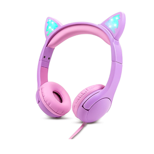 Kids Headphones, Safe 85db Volume Control Light Up Cat Ear Headphones for iPad Fire Tablet Kindle, On-Ear LED Children Headphones for School Learning Travel - Purple/Pink