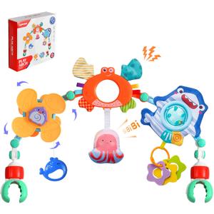 Baby Stroller Arch Toy, Car Seat Toys, Adjustable Arch Stroller toy with Hanging Sensory Activity toys,fits on Baby Bouncer, Bassinet, Stroller, Crib and Car Seats for baby infant Boy Girl 0-18 Months (Set of 4)