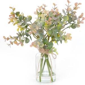 Artificial Eucalyptus Stems in Glass Vase with Faux Water,6Pcs Fake Plant Grey-Orange Eucalyptus for Centerpiece (Grey-Orange Eucalyptus)