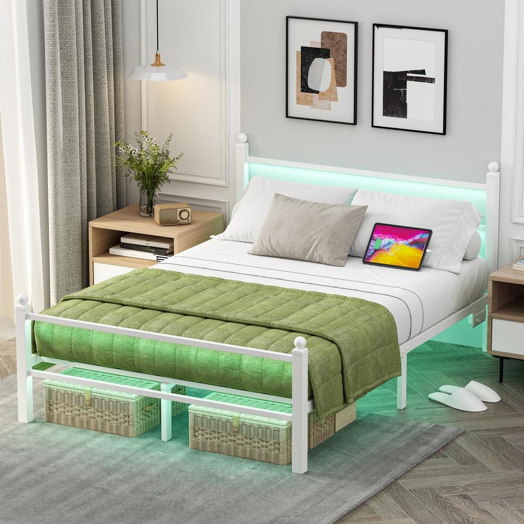 Full Size Bed Frame with Charging Station & LED Lights, Full Metal Platform Bed Frame with Headboard and Footboard, Storage Space Under Bed, No Box Spring Needed, Noise Free, Easy Assembly, White