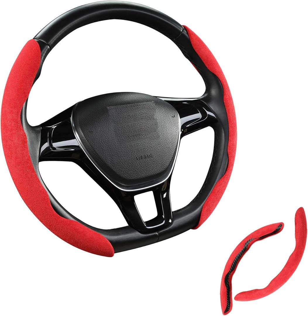 Premium Suede Car Steering Wheel Cover, Non-Slip Segmented, Suitable for Car, SUV, Truck, O/D Shape, 14.5-16inches Steering Wheel Protector,Universal Auto Accessories (red, 2pcs)