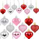 36Pcs Valentines Heart Shaped Ornaments - Valentines Heart Decorations - Red Pink Silver Glitter Heart Shaped Baubles - Romantic Christmas Valentines Tree Hanging Decorations