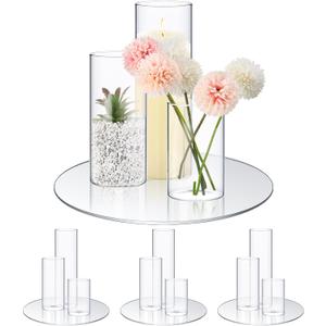 Sawysine 16 Pcs 3.4'' X 4.7", 7", 9.8" Round Glass Mirror Trays Glass Cylinder Vase Wedding Table Flower Vase with Mirror Set Table Centerpiece Decoration for Wedding Decor Craft Baby Shower