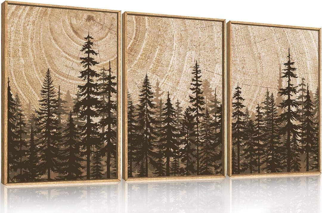 Forest Pine Tree Framed Canvas Wall Art Set,Rustic Woodland Landscape Wall Decor,Large Vintage Natural Painting,Retro Brown Artwork for Living Room,Bedroom, Kitchen,Study,Office - 16"x24"x3