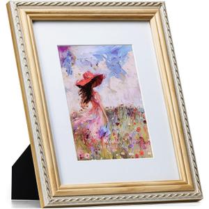 8x10 Natural Picture Frame, Gold-Toned Rope Edging, Pine Wood with Real Glass, Display 8x10 Photos Matted to 5x7, Vertical and Horizontal Desk Tabletop or Wall Hanging