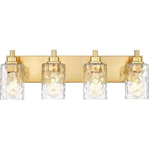 4-Light Bathroom Light Fixtures, 24.5 Inch Brushed Gold Vanity Lights with Clear Hammered Glass Cylinder Shade, Modern Vanity Lighting Fixture Over Mirror, VL198-BG-4