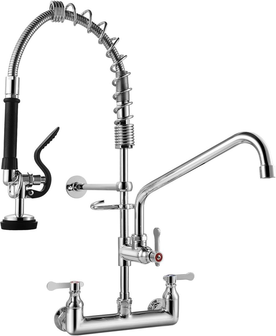 Commercial Kitchen Faucet with Pre-Rinse Sprayer 8 Inch Center Wall Mount Kitchen Sink Faucet with Pull Down Spray - 25" Height Compartment Sink Faucets with 12 Inches Add-On Spout