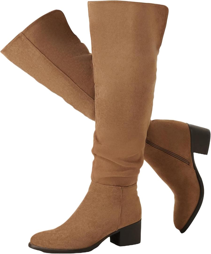 Shoe'N Tale Women's Over The Knee Thigh High Boots Chunky Block Heel Pointed Toe Slouchy Side Zipper Fall Weather Winter Boots (Brown)