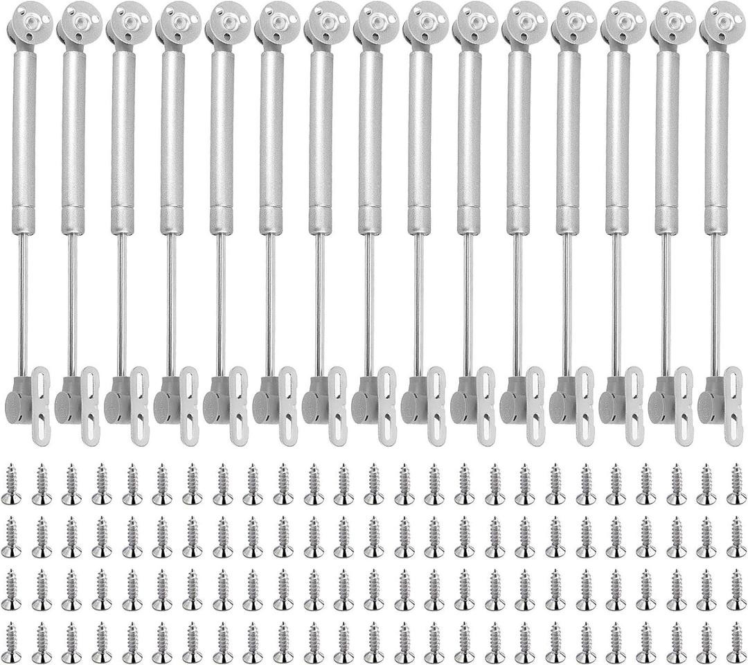 HAKZEON 15 Pack Hydraulic Support Cabinet Hinge, 100N / 22.5LB Gas Strut for Cabinets with 75 Mounting Screws Door Lift Support Gas Spring Kitchen Cupboard Cabinet Hinges, Silve