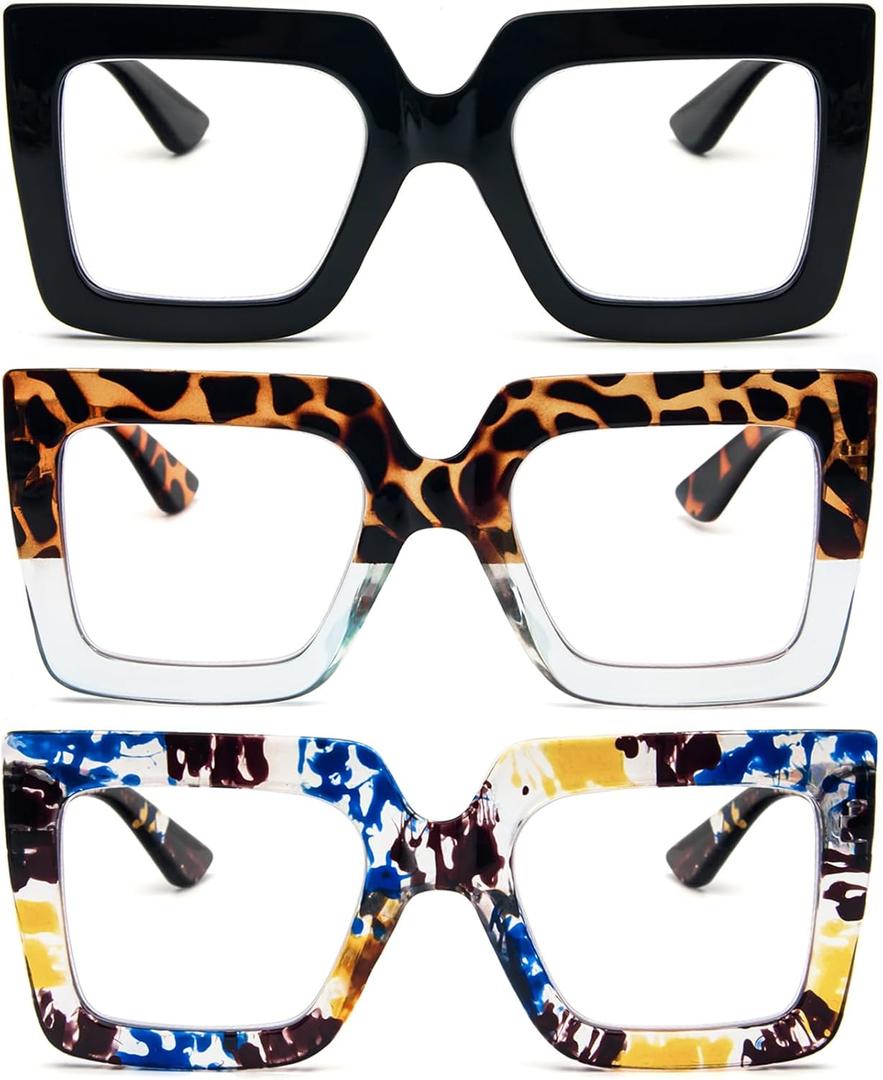 REAVEE 3 Pack Oversized Reading Glasses for Women Large Frame Extra Wide, Blue Light Blocking Stylish Thick Square Readers (Black + Leopard Blue + Blue Yellow)