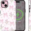 Compatible for iPhone 14 Plus Case Pink Bows Florals Wildflowers Aethetic Design [Compatible with Magasfe] Shockproof Soft TPU and Hard Shell Protection Cute Phone Case for iPhone 14 Plus