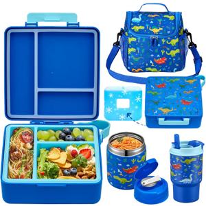 Bento Lunch Box for Kids with 17oz Soup Thermo,Insulated Tumbler Water Bottle and Insulated Lunch Bag,Leak-Proof 3 Compartment Lunch Food Container with Ice Pack for Kids to School-Dinosaur