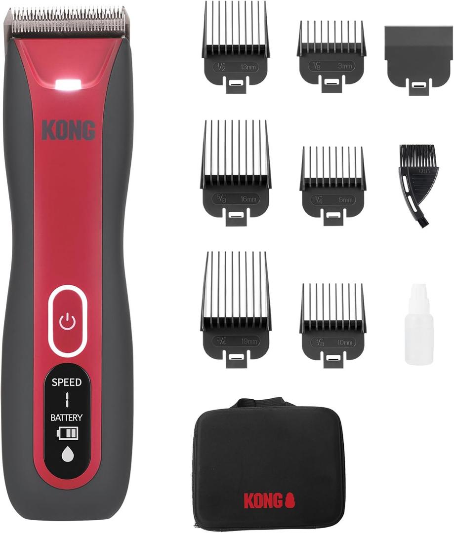 Kong 3-Speed Cordless-Corded Dog Clipper Kit Stainless Steel Blade, Waterproof, LED Spotlight, Use-While-Charging, 6 Guide Combs, Ergonomic Handle Red/Gray, All Coat Types