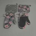 Roses Oven Mitts Pot Holders Set Silicone Heat Resistant Gray Flower Pink Rose Oven Mitts and Hot Pads Rose Potholders Non-Slip Oven Gloves for Cooking Baking Grilling BBQ