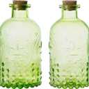 MyGift Vintage Embossed Green Glass Small Reed Diffuser Bottle with Cork Lid, Decorative Flower Bud Vase, Set of 2