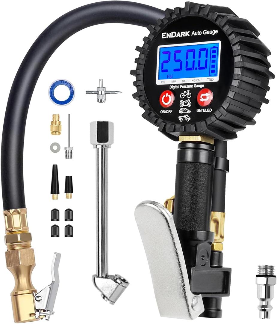 Digital Tire Pressure Gauge with Inflator: ENDARK 250 PSI Air Compressor Attachment Inflation Gun with Heavy Duty 360 Air Chuck & Extended Hose and Quick Connect Coupler
