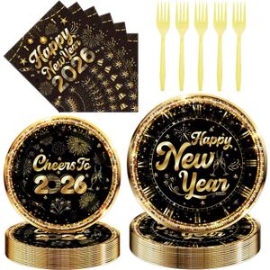 Happy New Years Decorations - 96 PCs Cheers to 2026 Eve Plates and Napkins Forks Tableware Black and Gold Paper Disposable Dessert Dinner Dinnerware Party Supplies Set Gift Serve 24 Guests