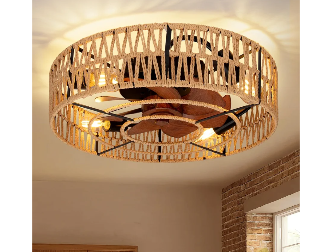 2-in-1 Low Profile Ceiling Fan with Light, 20” Caged Boho Safety Design for Kids - 3000K, Smart APP/Remote Control, Quiet Flush Mount DC Motor, Ideal for Bedroom/Kitchen Farmhouse Style