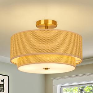 16 Inch Modern Semi Flush Mount Ceiling Light Fixture, Double Rattan and Wicker Style Drum Shade, Gold Farmhouse Flush Ceiling Lamp for Bedroom, Living Room, Dining Room, Kitchen