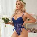 Avidlove Women Teddy Lingerie Deep V Lace Bodysuit Lingerie One Piece Mini Babydoll Satiny Side Bow (Blue, S)