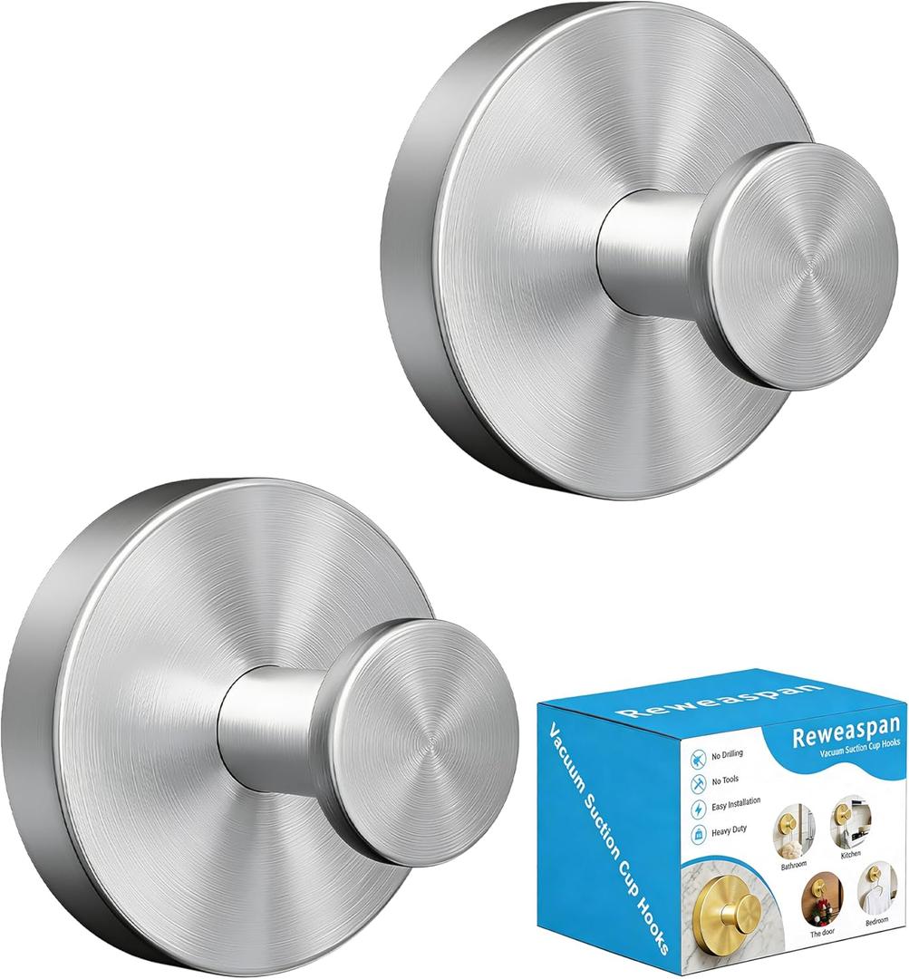Suction Cup Hooks for Shower, Heavy Duty Towel Hooks for Walls No Damage, Suitable for Hanging Towels, Robes, Coats, Holds 15 lbs-2pack, Brushed Silver