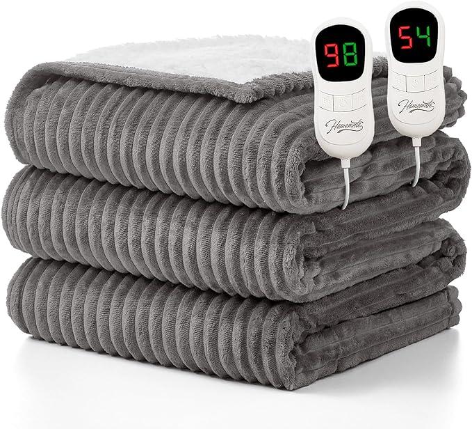 Homemate Electric Heated Blanket King Size  100"x90" Heating Blanket King Size Dual Control 1/2/4/6/8 Hours AutoOff 10 Heat Level OverHeat Protection Soft Flannel Sherpa ETL Certification