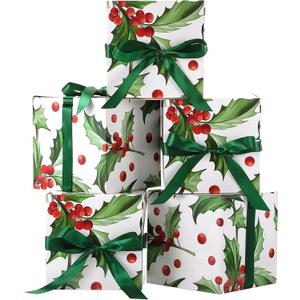 MotiMind 5 Pack Holly Berry Christmas Gift Boxes with Lids 7x7x7 Square Gift Box with Ribbons for Wrapping Christmas Presents Wedding Bridesmaid Holiday Party Favor Boxes (Green)