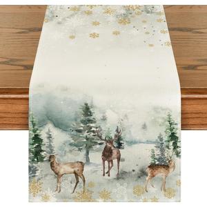 Artoid Mode Watercolor Deer Trees Snowflakes Christmas Table Runner, Seasonal Winter Xmas Holiday Kitchen Dining Table Decoration for Indoor Outdoor Home Party Decor 13 x 72 Inch (Green)