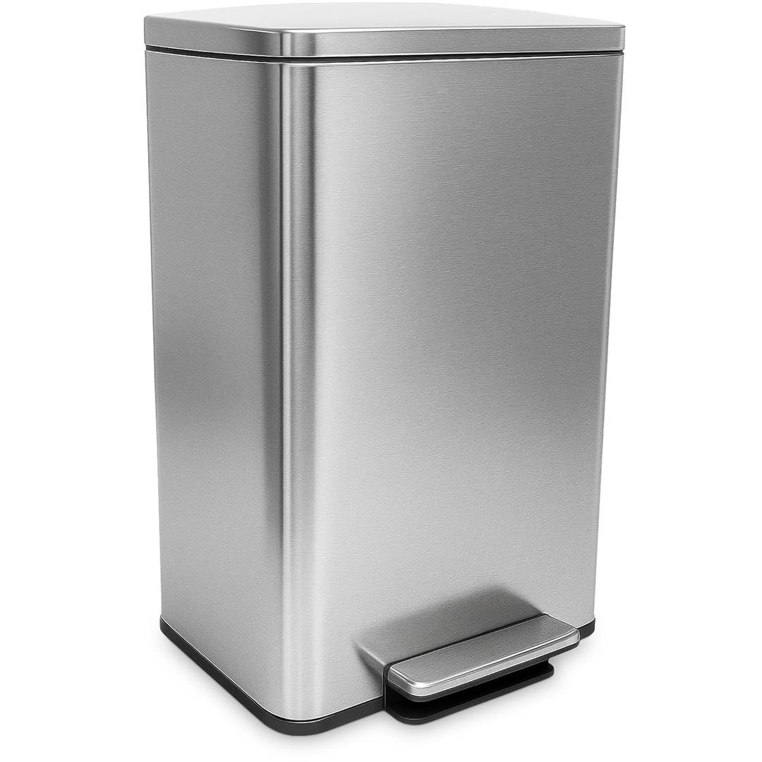 SIMPLI-MAGIC 50 Liter / 13.2 Gallon Soft-Close, Smudge Resistant Trash Can with Foot Pedal and Built in Filter- Stainless Steel, Sleek Finish (Silver)