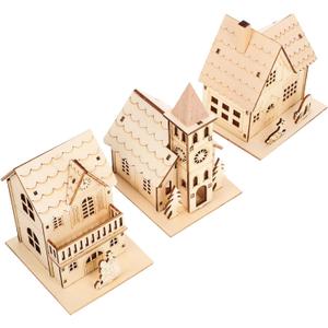 NUOBESTY Light Up Miniature Houses Wooden Christmas Village Decor Holiday Decorations for DIY Christmas Village and Home Dcor 3pcs Light Brown Synthetic Material 5. 11 Inch