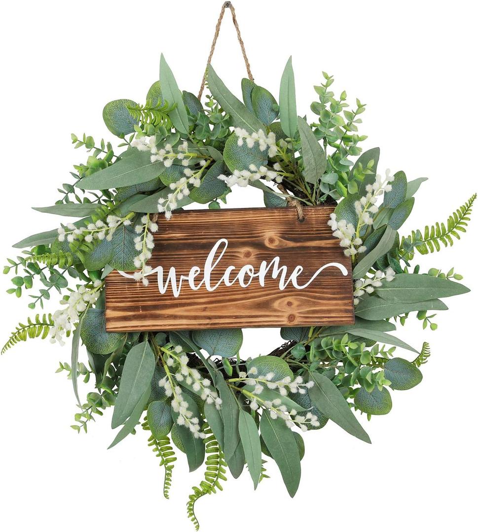 20 Inch Green Eucalyptus Wreath for Front Door- Handicraft Bamboo Frame with Versatile Silk Leaves - Ideal Spring & Summer Decorating for Indoor & Outdoor Use (White) (White)