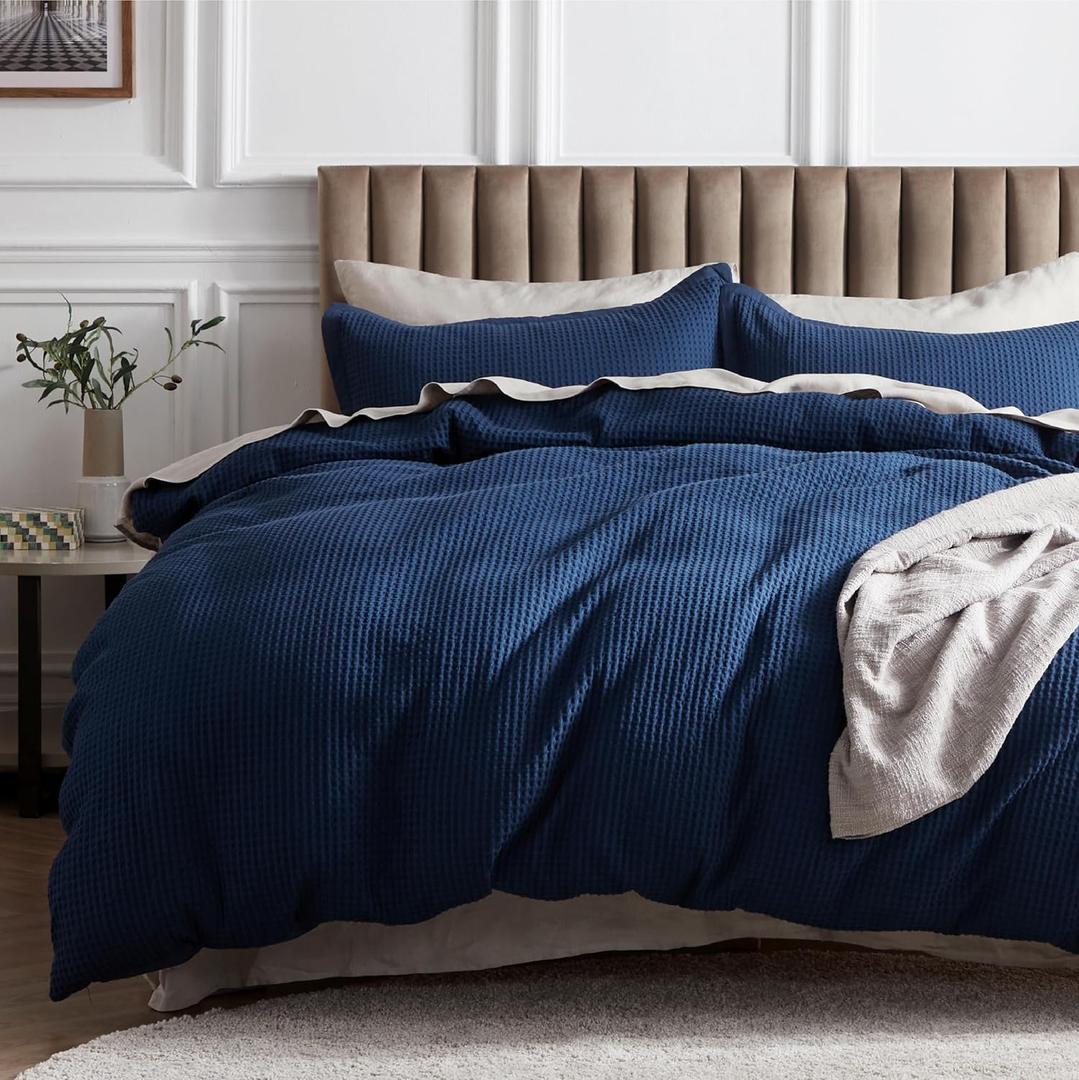 Bedsure Cotton Duvet Cover Queen - 100% Cotton Waffle Weave Navy Blue Duvet Cover Queen Size, GentleSoft and Breathable Bedding Set for All Season, 3 Pieces, 90"x90"