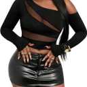 Verdusa Women's Mesh Sheer Off The Shoulder Top Long Sleeve Slim Fitted Crop Tops Club Date Night Outfit, L