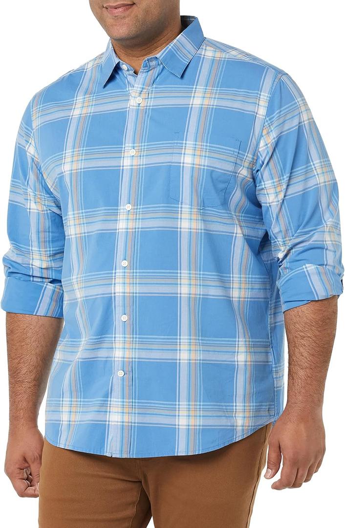 Amazon Essentials Men's Long-Sleeve Regular-fit Stretch Poplin Shirt (Blue, S)