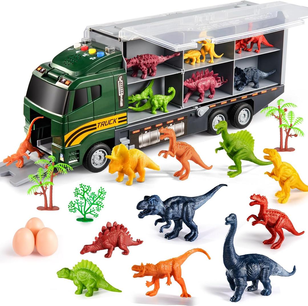 TEMI 39 in 1 Dinosaur Truck Toys for Kids 3-5, Toddler Toys Transport Vehicle Carrier Car with Lights, Music and Sounds, Dinosaur Play Set w/Dino Eggs & Activity Play Mat, Gift for Boys Girls