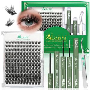 Lash Clusters Kit, DIY 3D Cluster Eyelash Extensions 10‑18mm,144pcs Fluffy D Curl Soft Natural Lashes with Bond and Seal,Remover,Tweezers, Natural Fake Cat Eye Wispy Individual Clusters