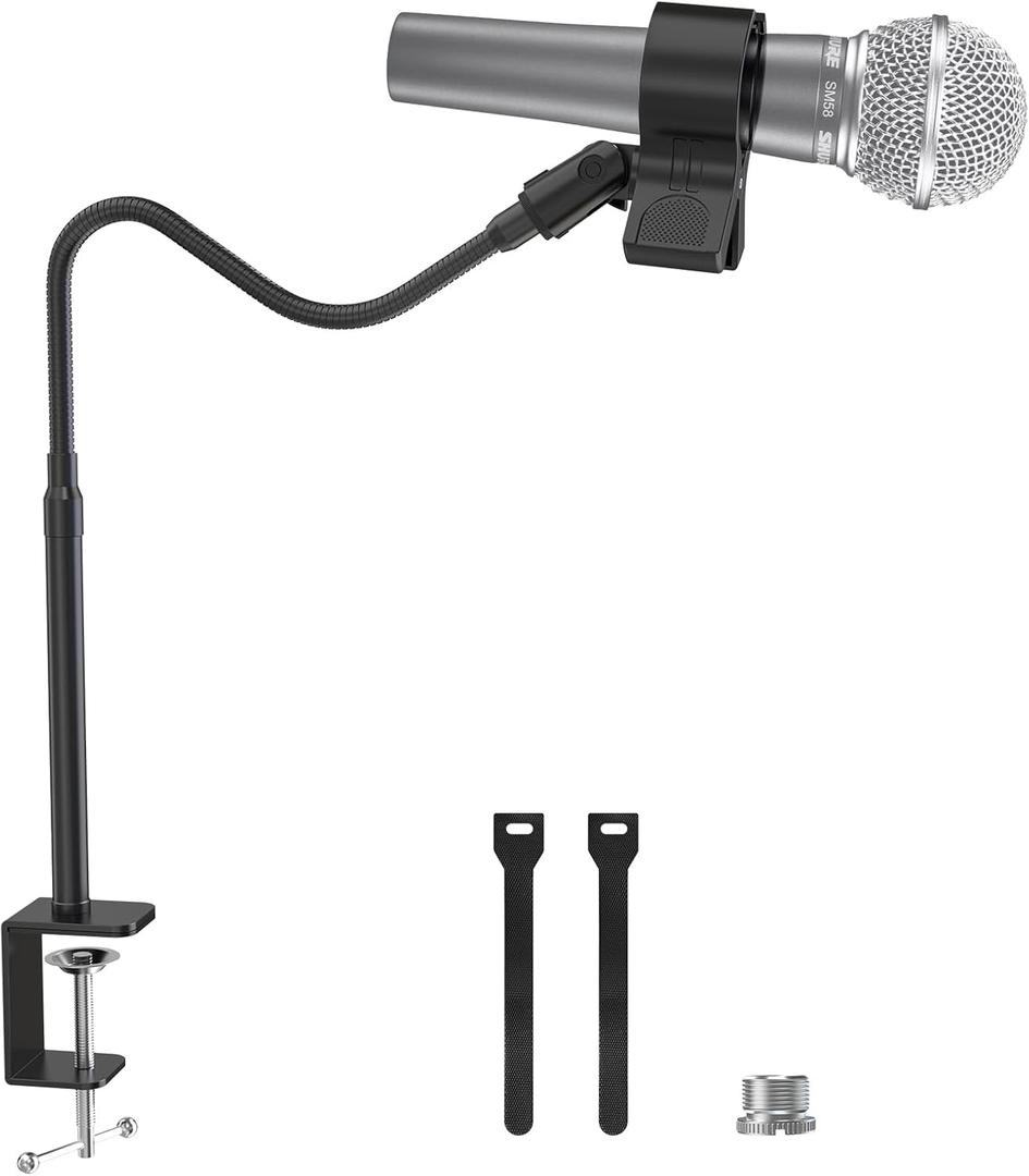 ZealSound Microphone Stand 19inch, Flexible Gooseneck Desktop Mic Stands, Upgraded Microphone Clip Holder for Mics with Outer Diameter 1.03" and 2.59",3/8" to 5/8" Screw Adapter for Blue Yeti and More