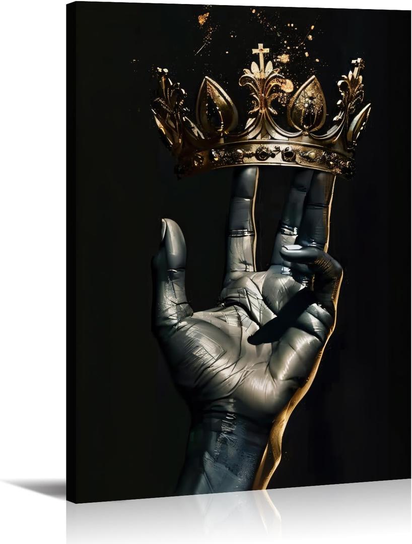 African American Wall Art Gold Crown Picture Black and White Painting Motivational Canvas Prints Modern Artwork Living Room Bedroom Home Office Home Decor Framed - 16.00"x24.00"