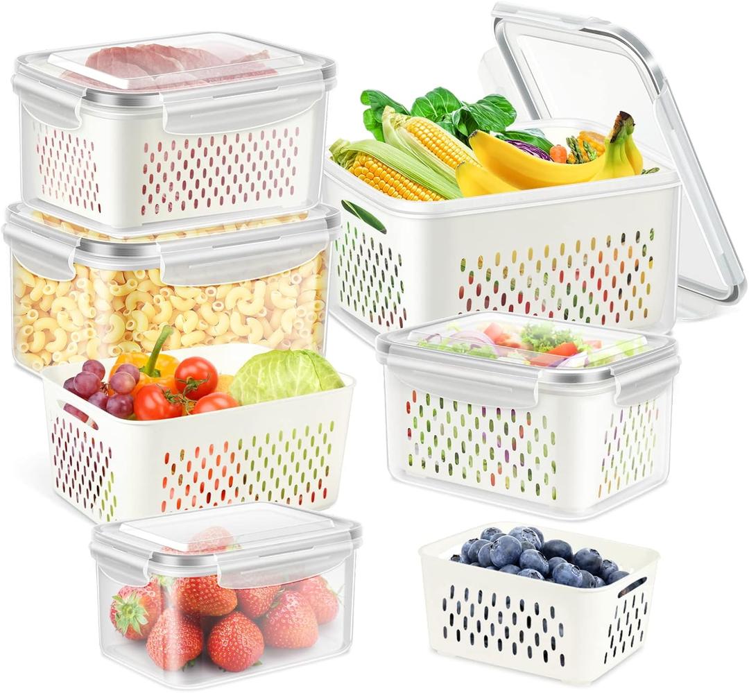 10 PS Fridge Food Storage Container with Colander, Plastic Fresh Produce Saver Keeper for Vegetable Fruit Berry Salad Lettuce Meat Fish, BPA Free Kitchen Refrigerator Organizer Bins (6.2L-0.8L)