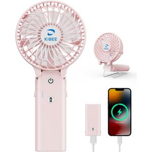 KIBEE 5200mAh Portable Handheld Fan, 20H Max Runtime USB Rechargeable Foldable 180 Mini Personal Fan, 3 Speeds Quiet Cooling Fan with Stand & Power Bank, Travel Outdoor Makeup Concerts (Pink)