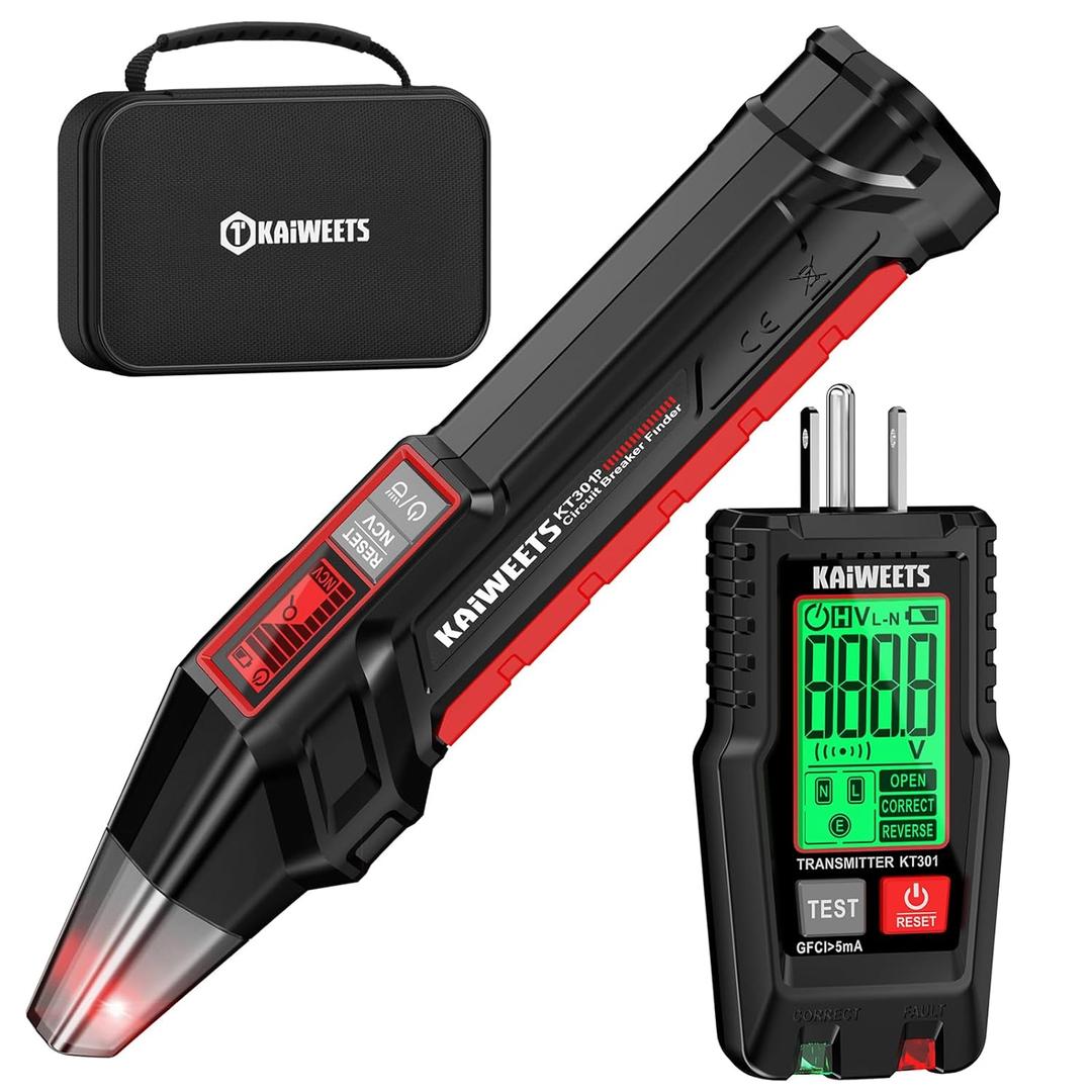 KAIWEETS Circuit Breaker Finder with LCD Display, GFCI Outlet Tester, Electrical Circuit Tracer Tool with NCV Test & Flashlight, Includes Carrying Case - KT301