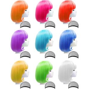 9 Pieces Short Bob Hair Wigs Candy Colored Costume Cosplay Wigs Daily Party Hairpiece for Women - Bachelorette Party Decorations, Favors, Supplies (Colorful)