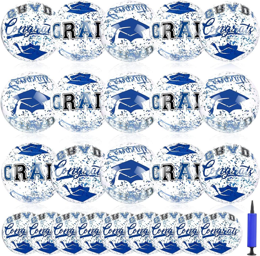 24 Pcs 16 Inch Blue Gold Graduation Inflatable Beach Balls with Air Pump Congrats Grad Sign Activities Beach Ball 2026 Graduation Party Favor Swimming Pool Supplies for Graduates Seniors College