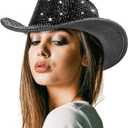 Hercicy Rhinestone Cowboy Hat with Diamond Fringe Bling Cowgirl Hat With Western Wide for Cosplay Wedding (Black)