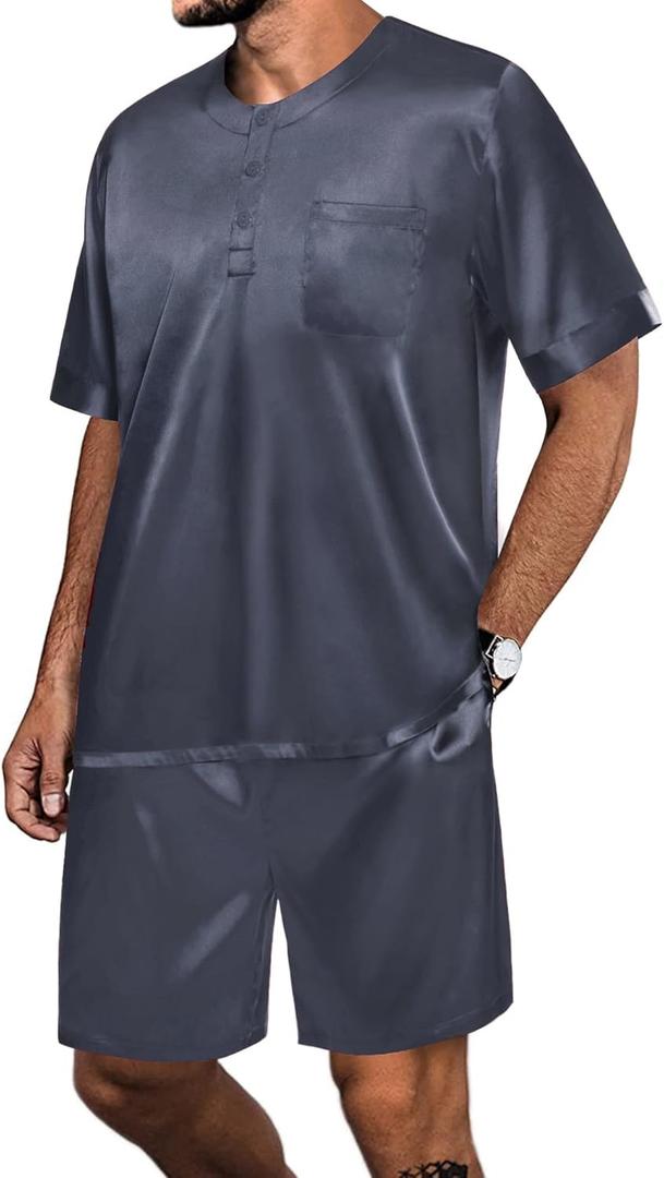 SWOMOG Men Satin Pajama Set Short Sleeve Pj Set 2 Pcs Loungewear Silk Sleepwear Half Button Down Long Pants with Pockets Z - Deep Grey - Short Medium